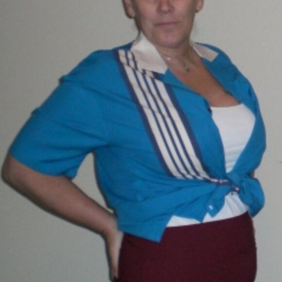 Women's Blue and Cream Shirt, L, Women's Hawaiian Retro Bowling 1950s Style Shir - Picture 4 of 7